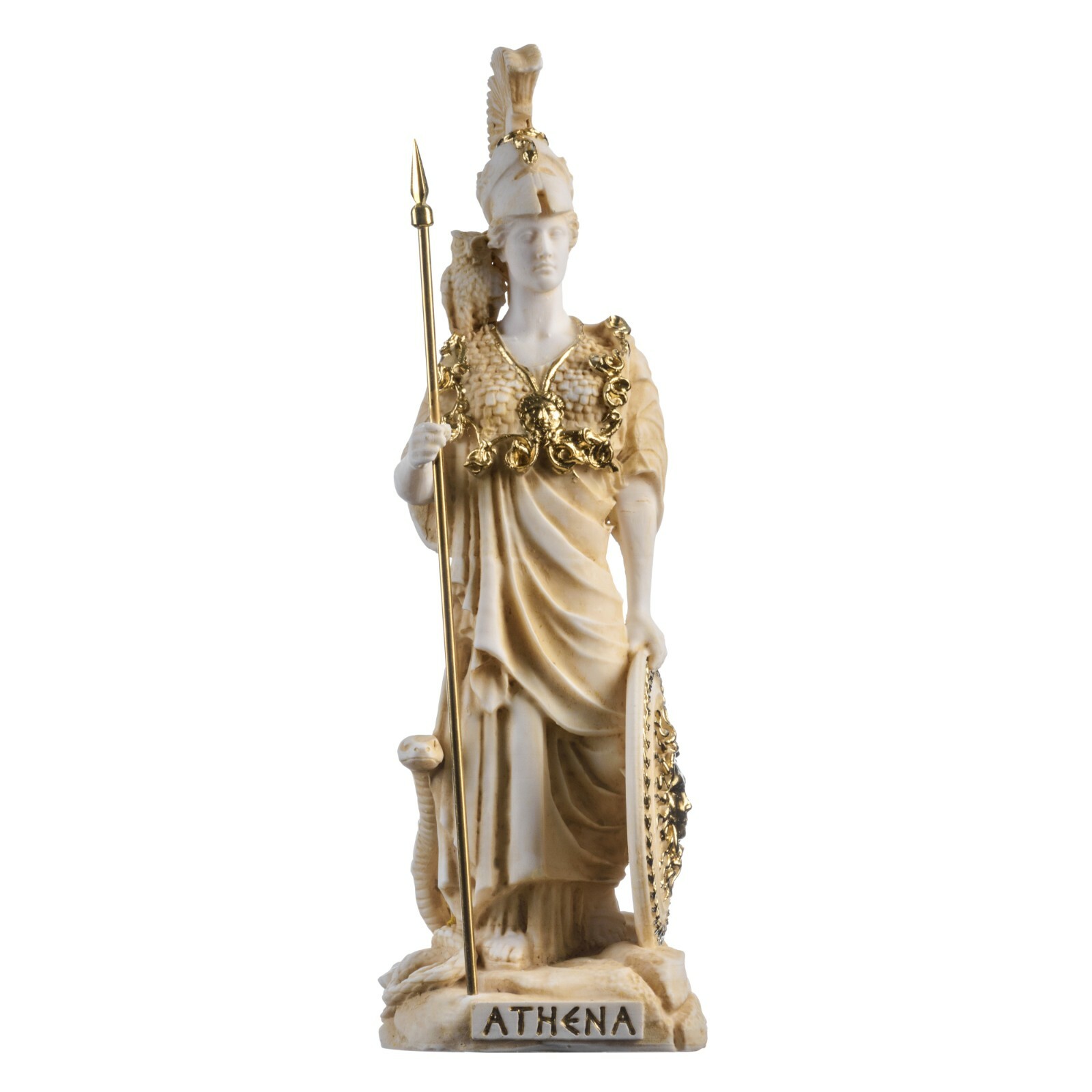 Athena With Owl Medusa Shield Greek Goddess Alabaster Statue Gold 10.2&Prime;