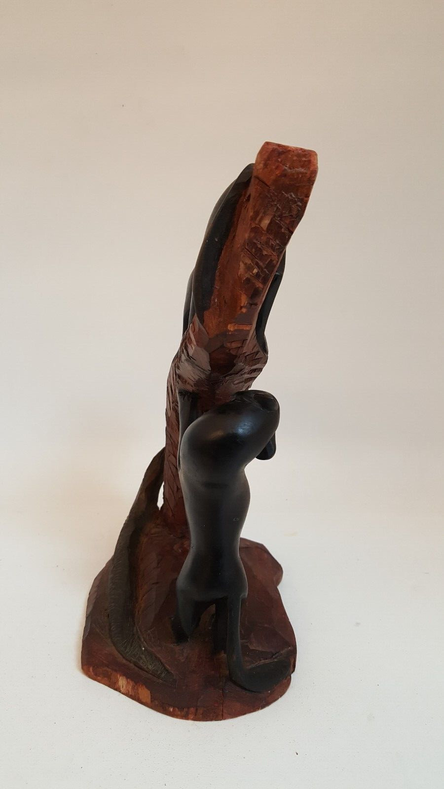 Vintage handcarved wood one piece black panther and snake sculpture signed