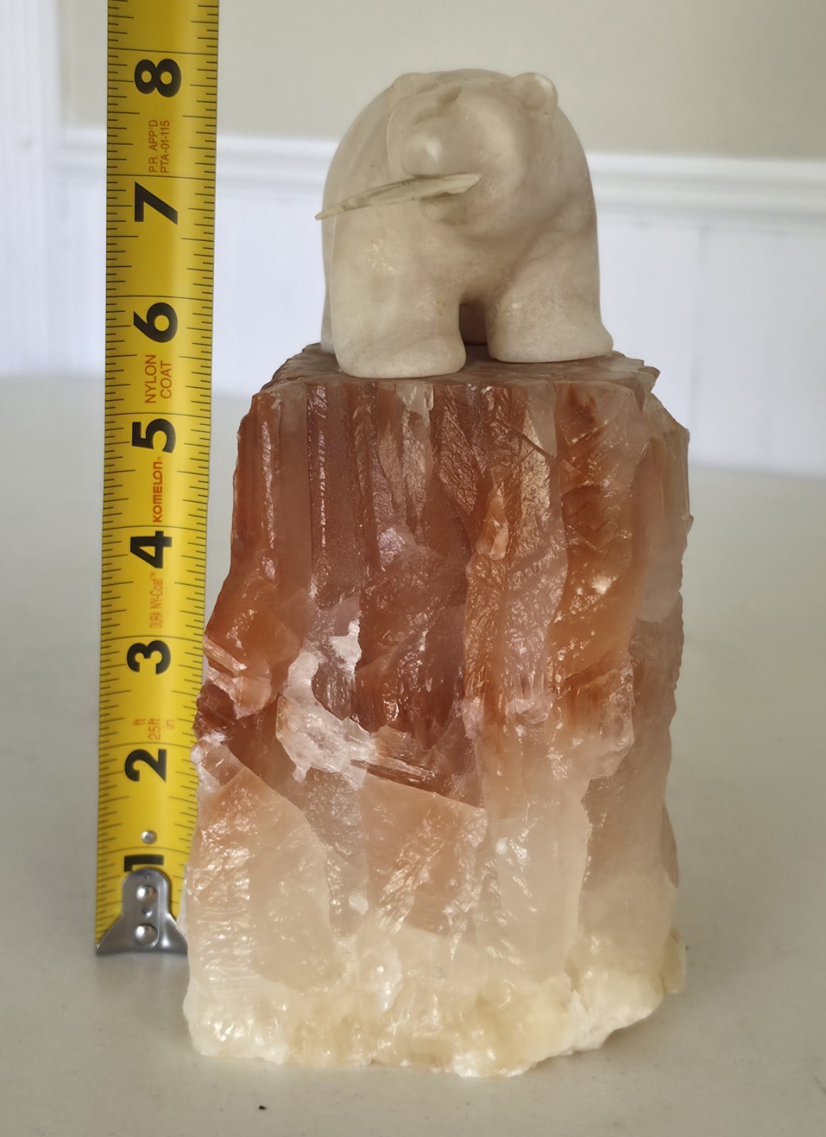 Eddie Lee SIGNED Carved 8&Prime; Alabaster Bear w/ Fish on Red Calcite Base – OOAK