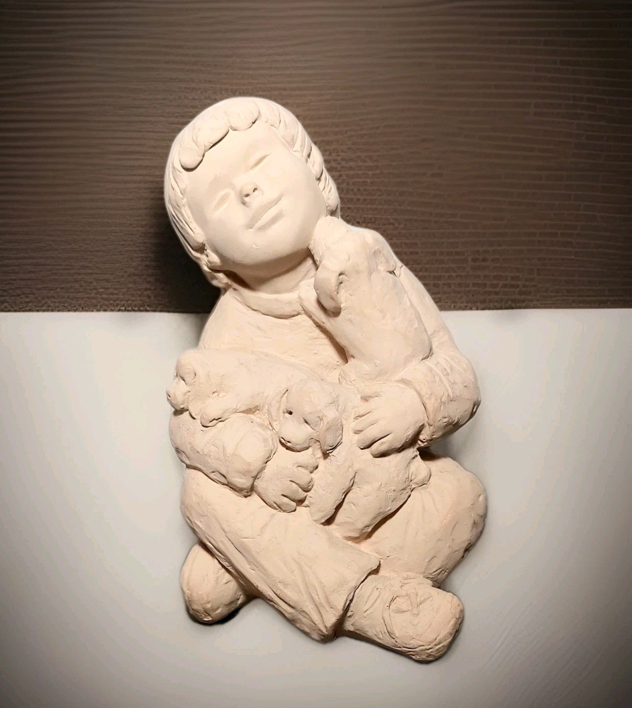 Vtg Austin Production « Armful »Sculpture Boy & 3 Puppies Statue Figure Mexico Art