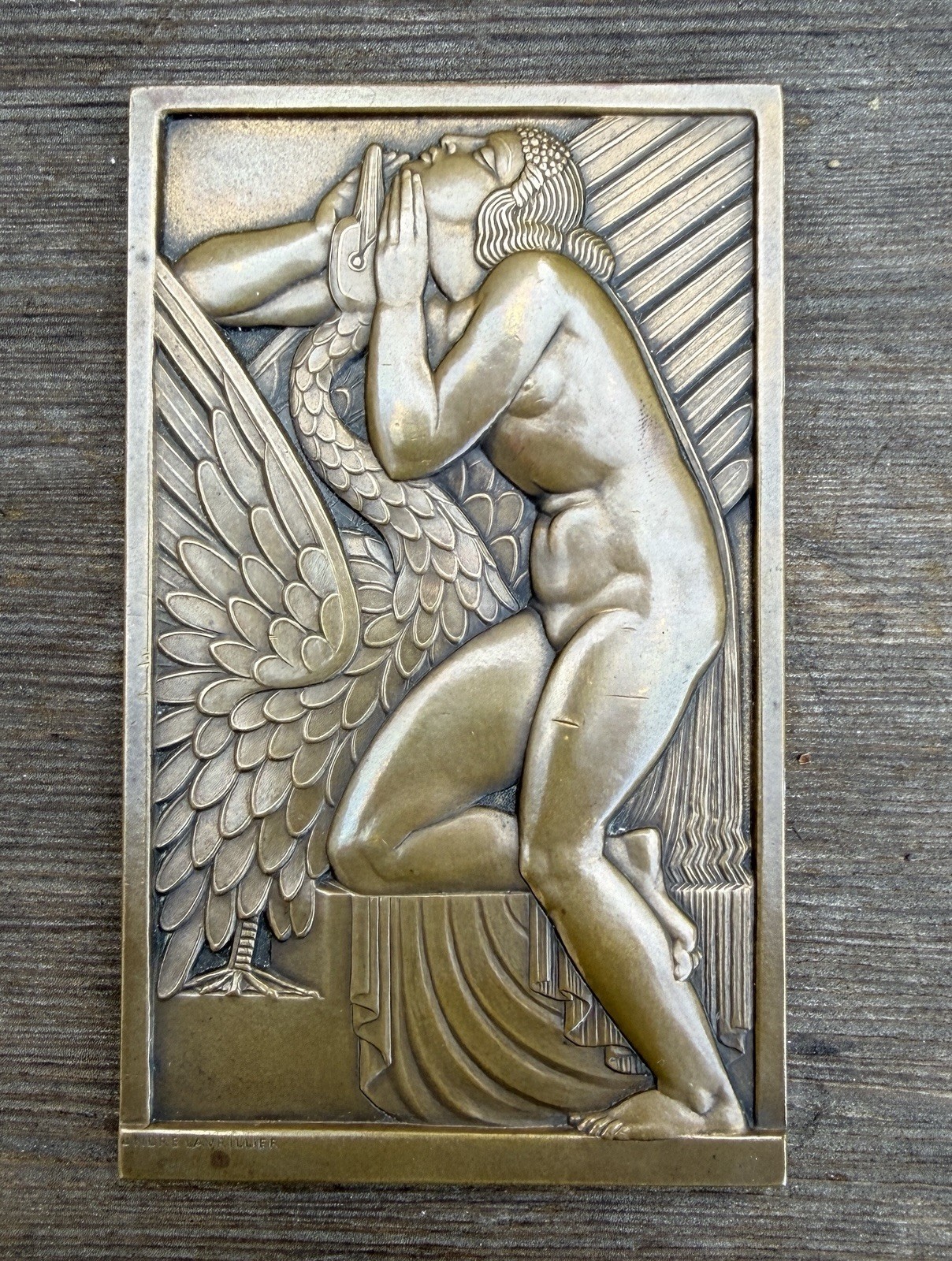 Vintage Andre Lavrillier Leda and the Swan Art Deco Bronze Medal Plaque