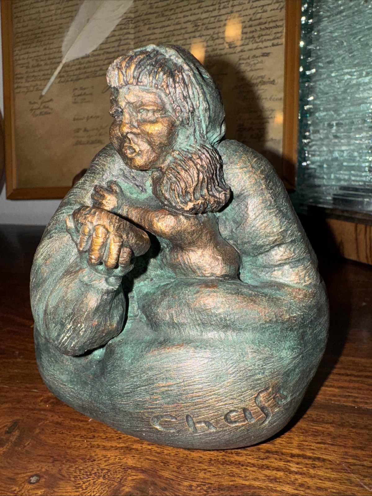 Bronze Metal Sculpture Mother and child Signed Chase 9415 “it’s Hot”