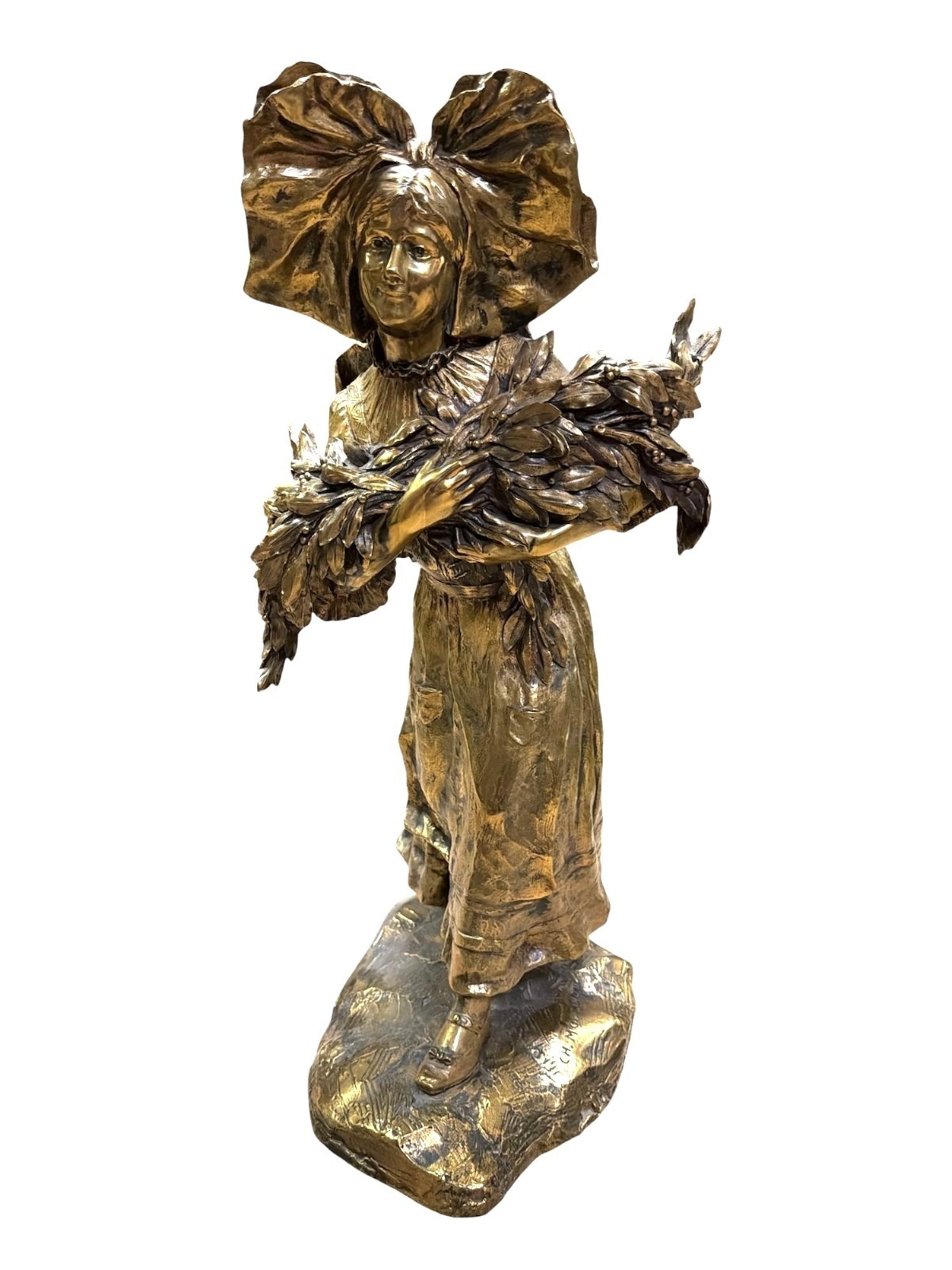 Antique Charlotte H Monginot Bronze Girl w Flowers Figure Sculpture