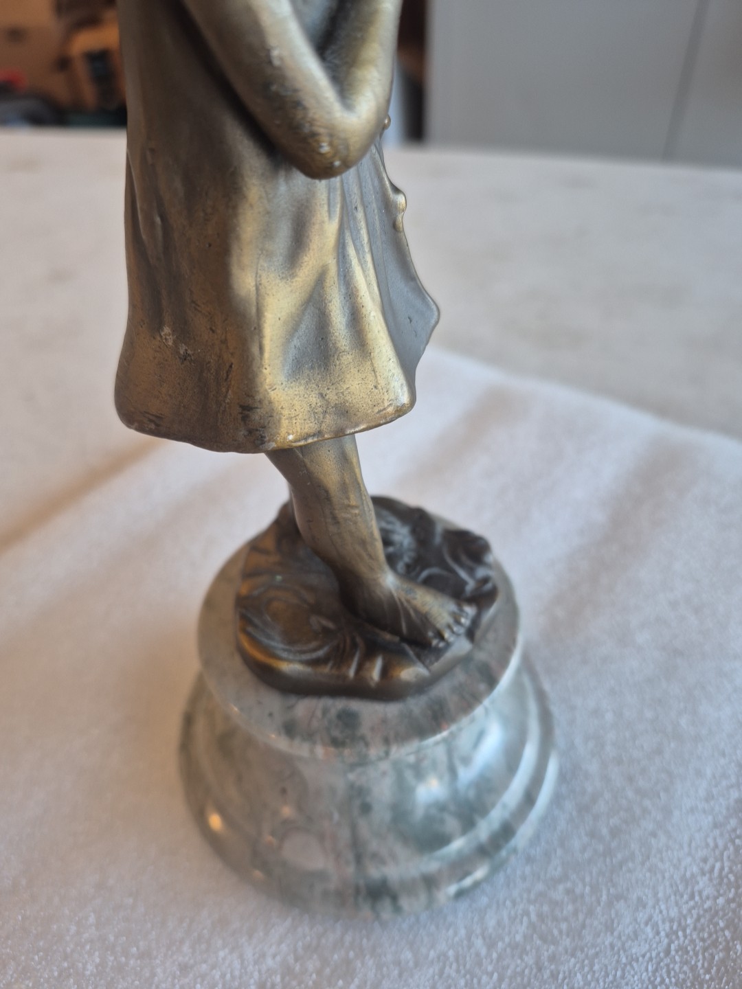Vtg Bronze Sculpture Of A Little Girl Holding A Cat On a Marble Base