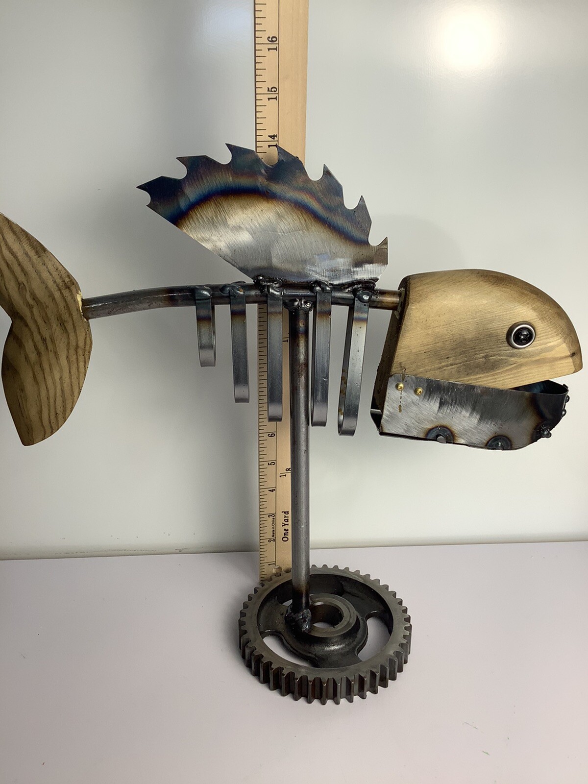 Rare One of a Kind Metal Art Fish With Wooden Head And Tail Handmade 14&Prime; x 14&Prime;