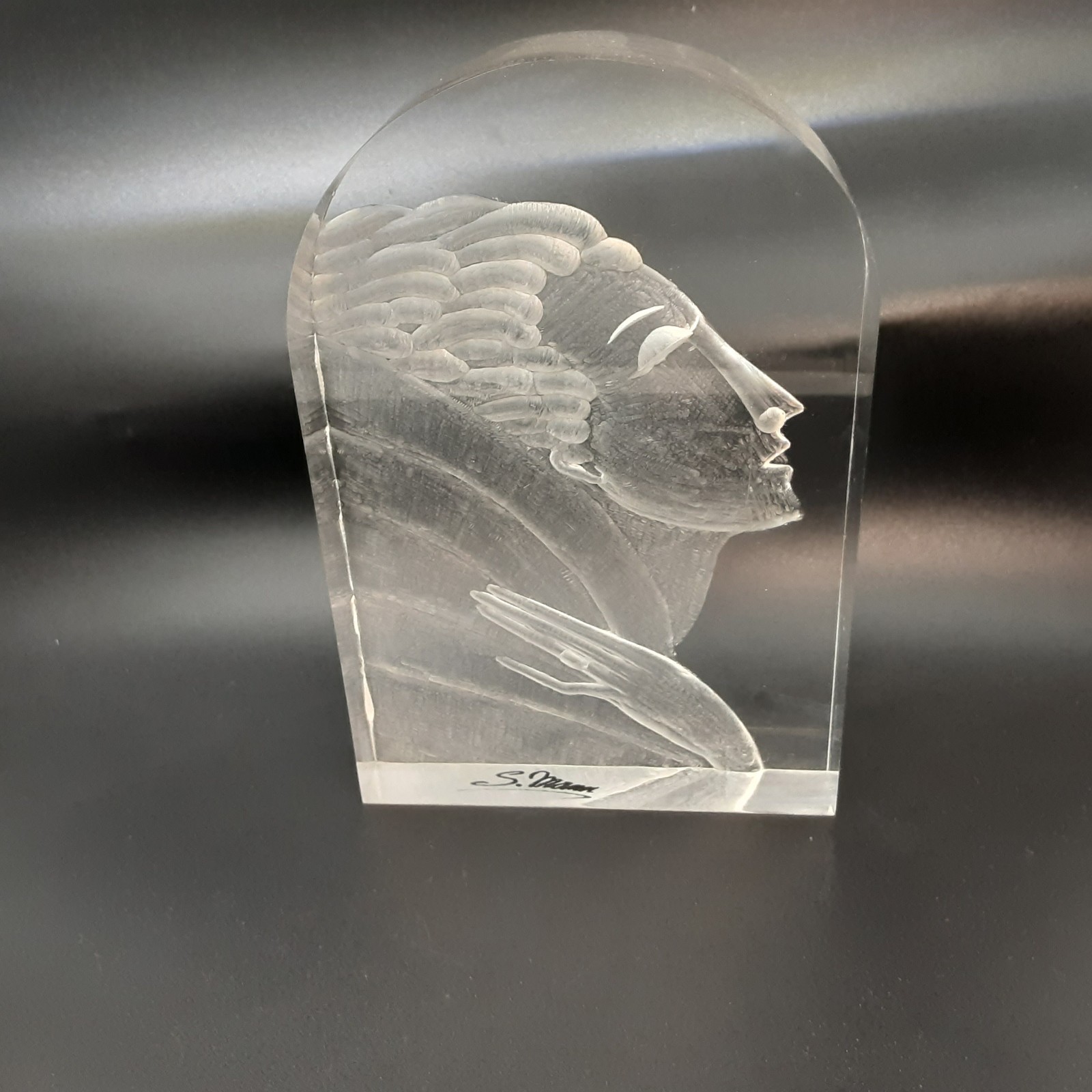 S. Mann art Deco Style Woman Reverse Carved Lucite Sculpture