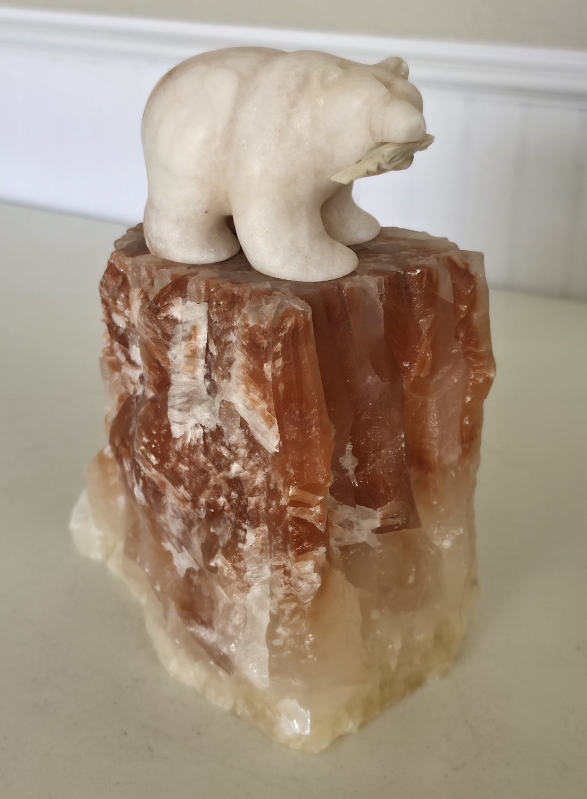 Eddie Lee SIGNED Carved 8&Prime; Alabaster Bear w/ Fish on Red Calcite Base – OOAK