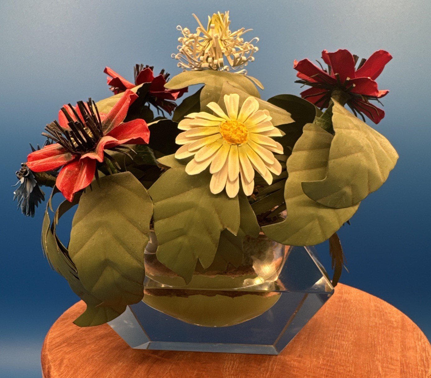 Vtg Metal Floral Sculpture Centerpiece W/Glass Base Poppy Daisy Cornflower *READ