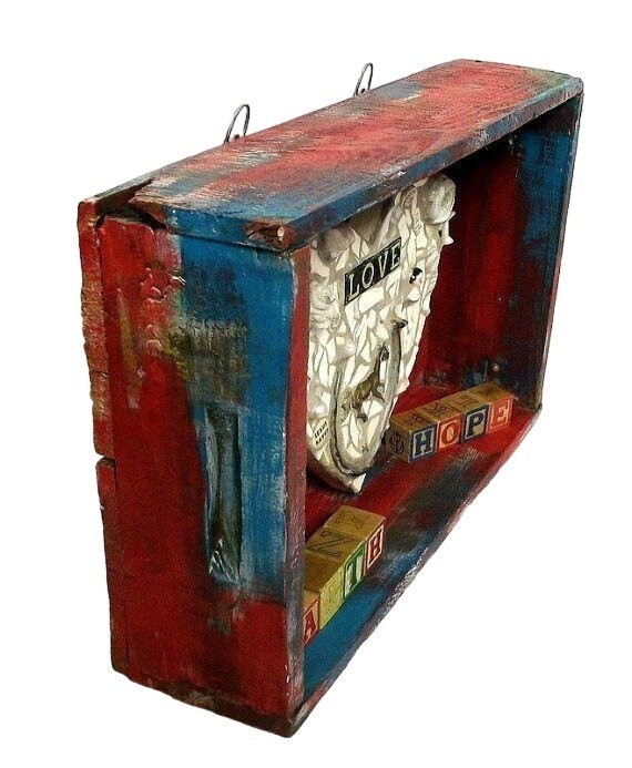 Country Heart Assemblage Wall Art Diorama Red Turquoise Blue Horse Whimsical