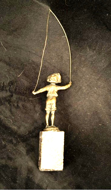 Bronze Boy Fishing Sculpture on Marble Base 11&Prime; High, Base 1 1/2&Prime; Sqare