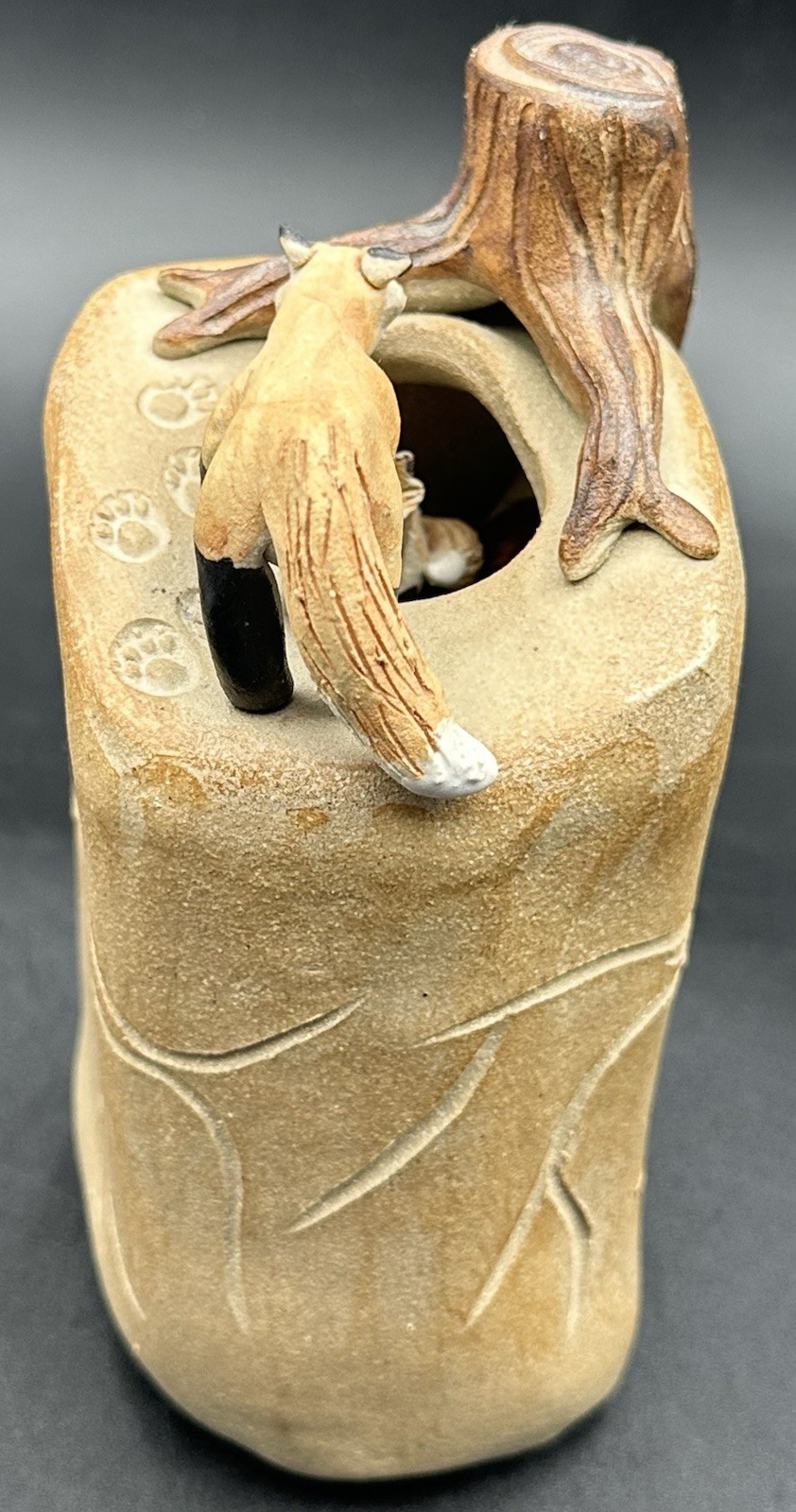 Dan and Lee Ross Studio Pottery Sculpture Fox Den Burrow Tree Stump MN Artists