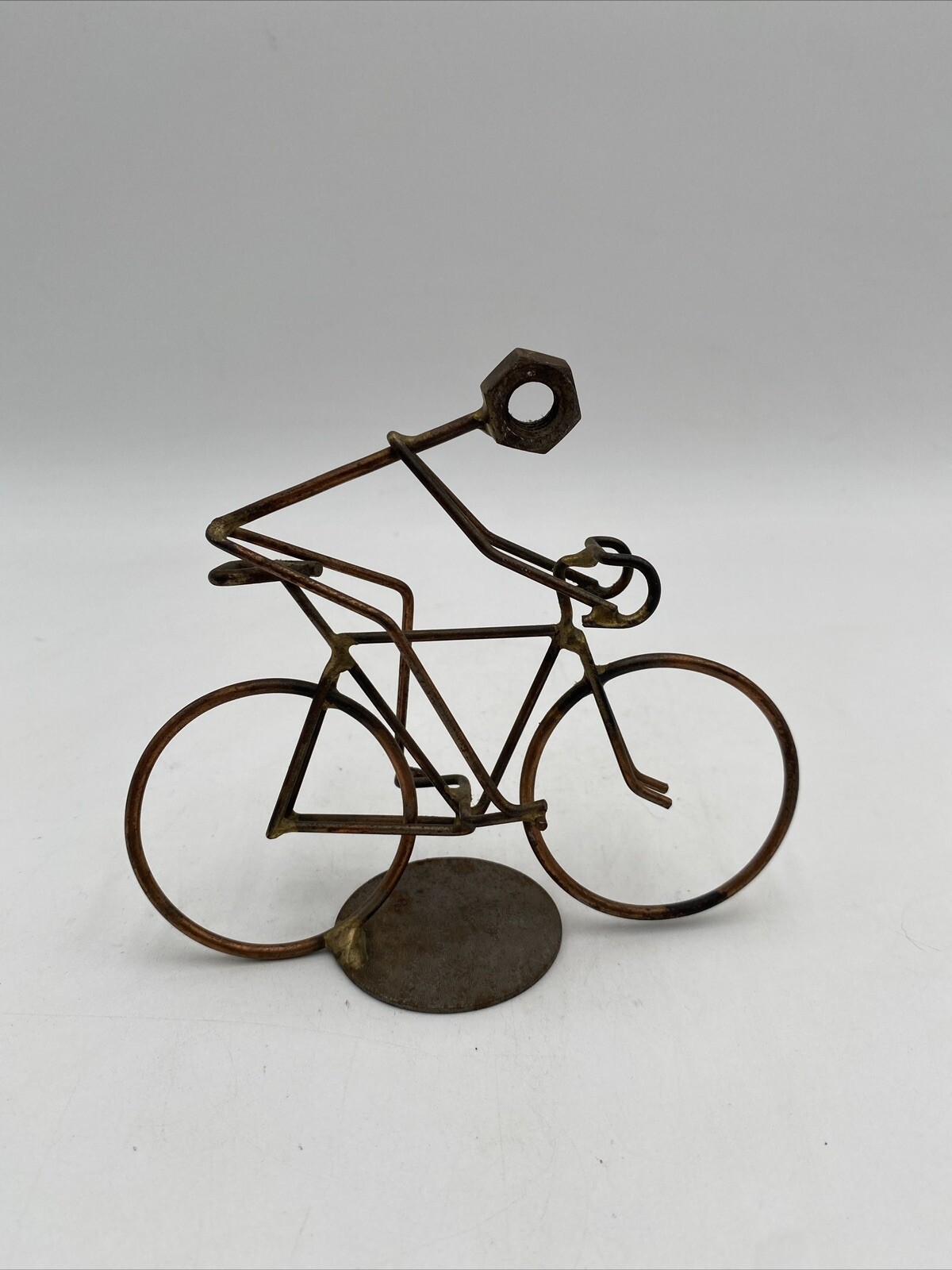 Metal Art Bicyclist Nuts Bolts Free Standing Sculpture 5&Prime; Tall Handmade VGC