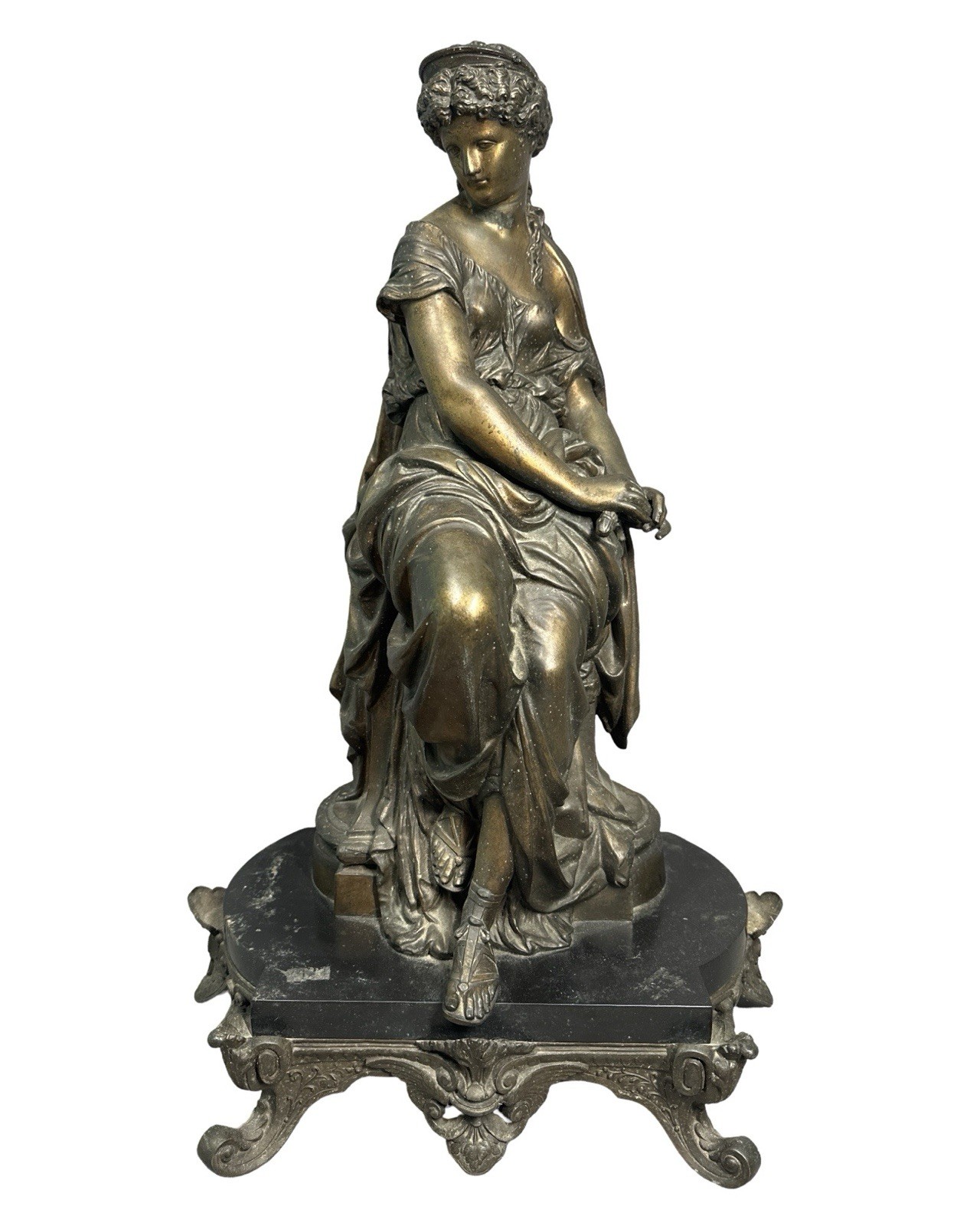 Antique VICTORIAN Era BRONZED Spelter LADY GODDESS STATUE Old PARLOR SCULPTURE