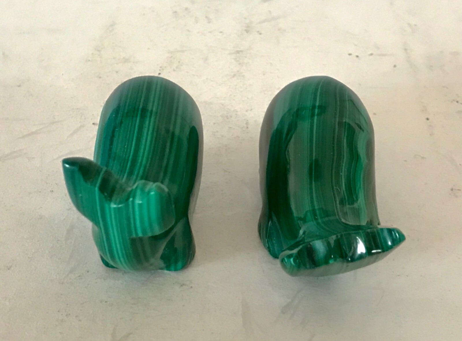 Pair of Small Malachite Whale Figuring Statue Sculptures 2.25&Prime; Long
