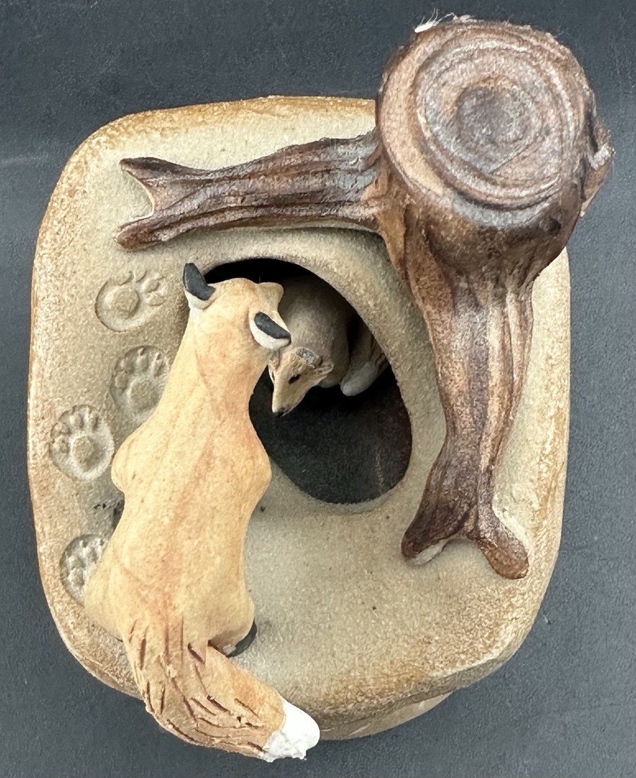 Dan and Lee Ross Studio Pottery Sculpture Fox Den Burrow Tree Stump MN Artists