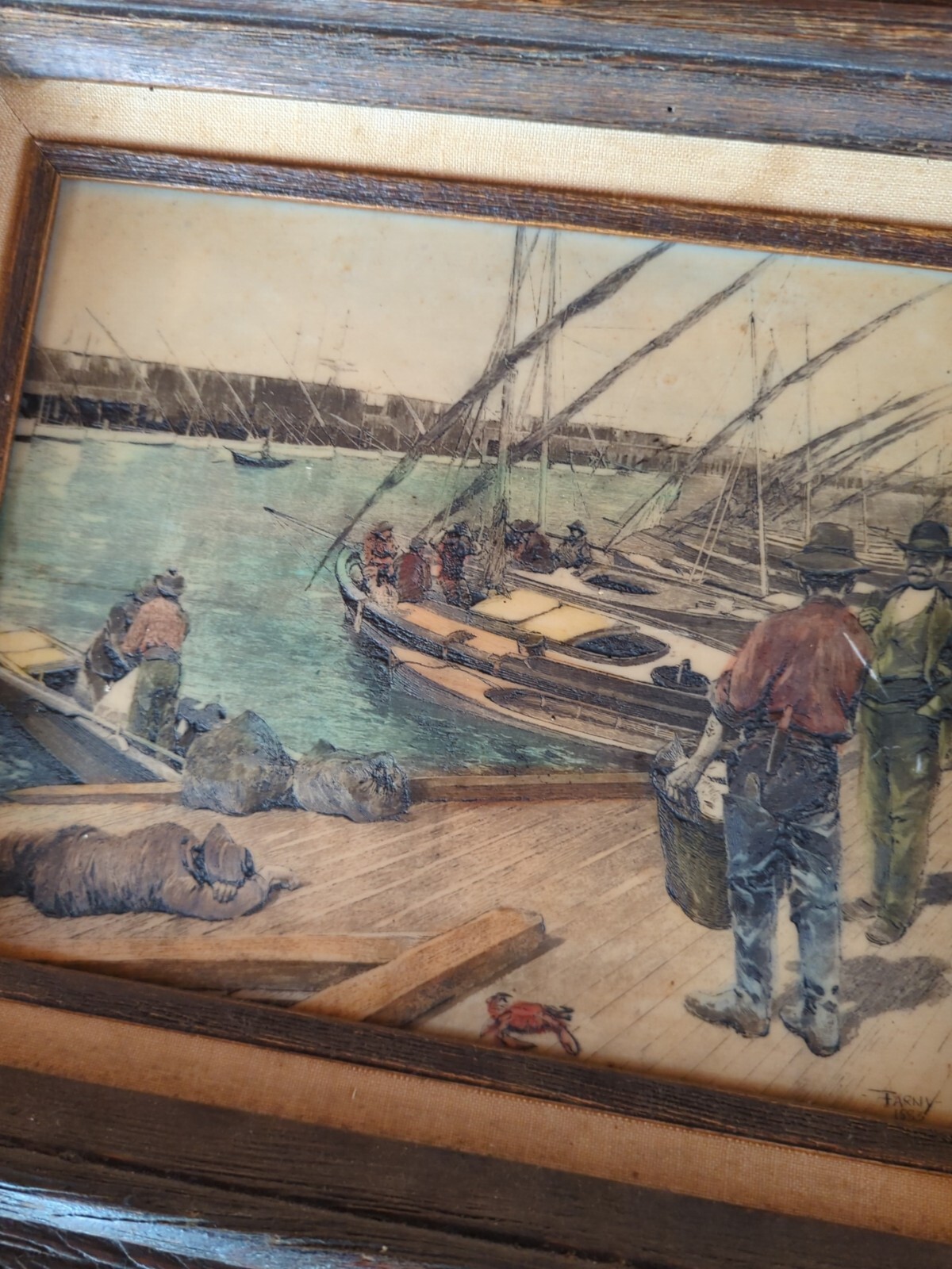 Antique 4D Henry Francois Farny – Framed Etched Panel Of San Francisco Pier 1883