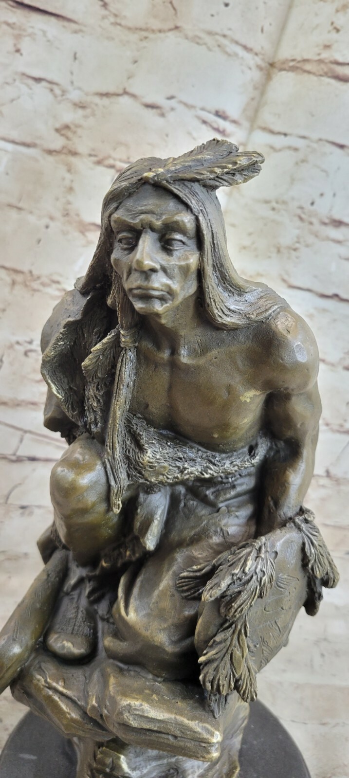 Native American Indian Chief Signed Bronze Bust Sculpture Statue Western Decor