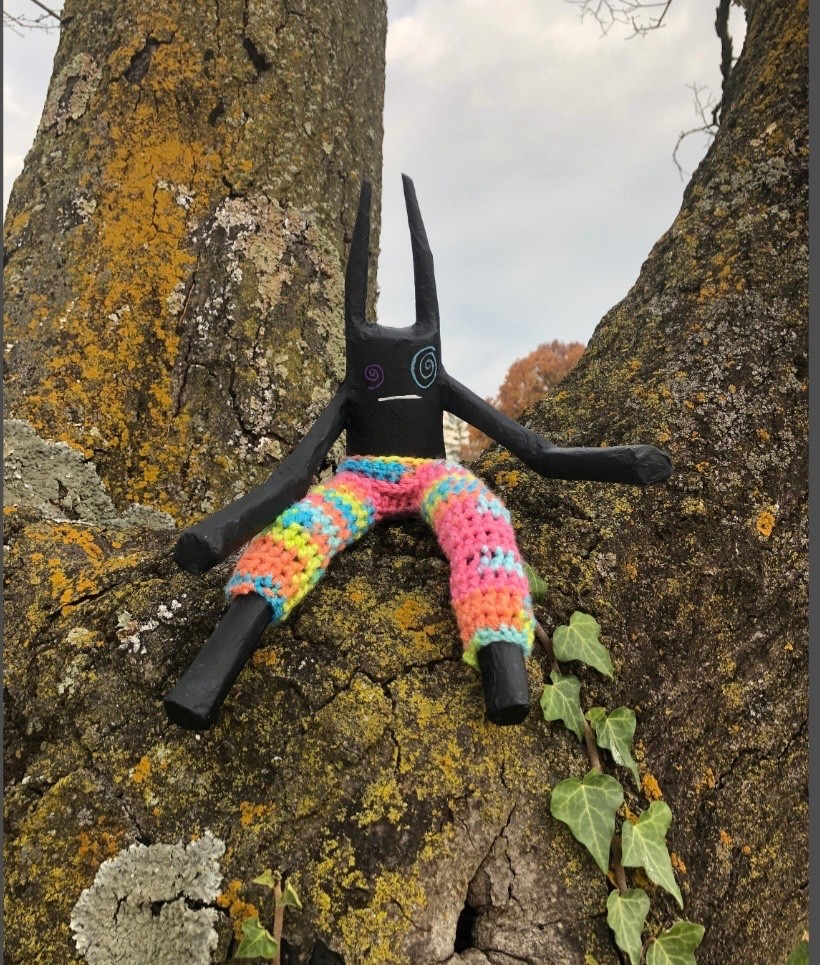 Dizzy demon sculpture figurine in rainbow crochet pants