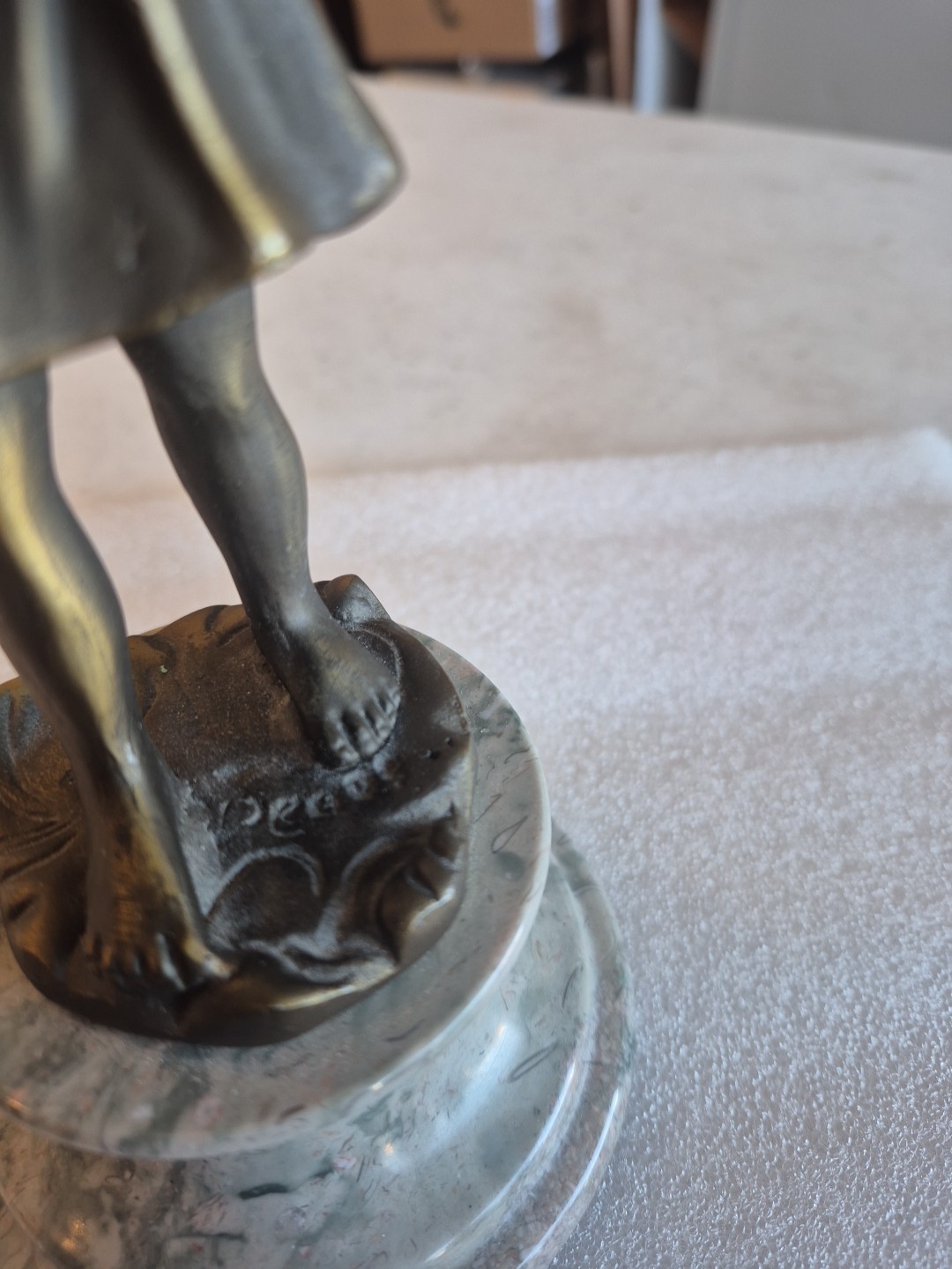 Vtg Bronze Sculpture Of A Little Girl Holding A Cat On a Marble Base