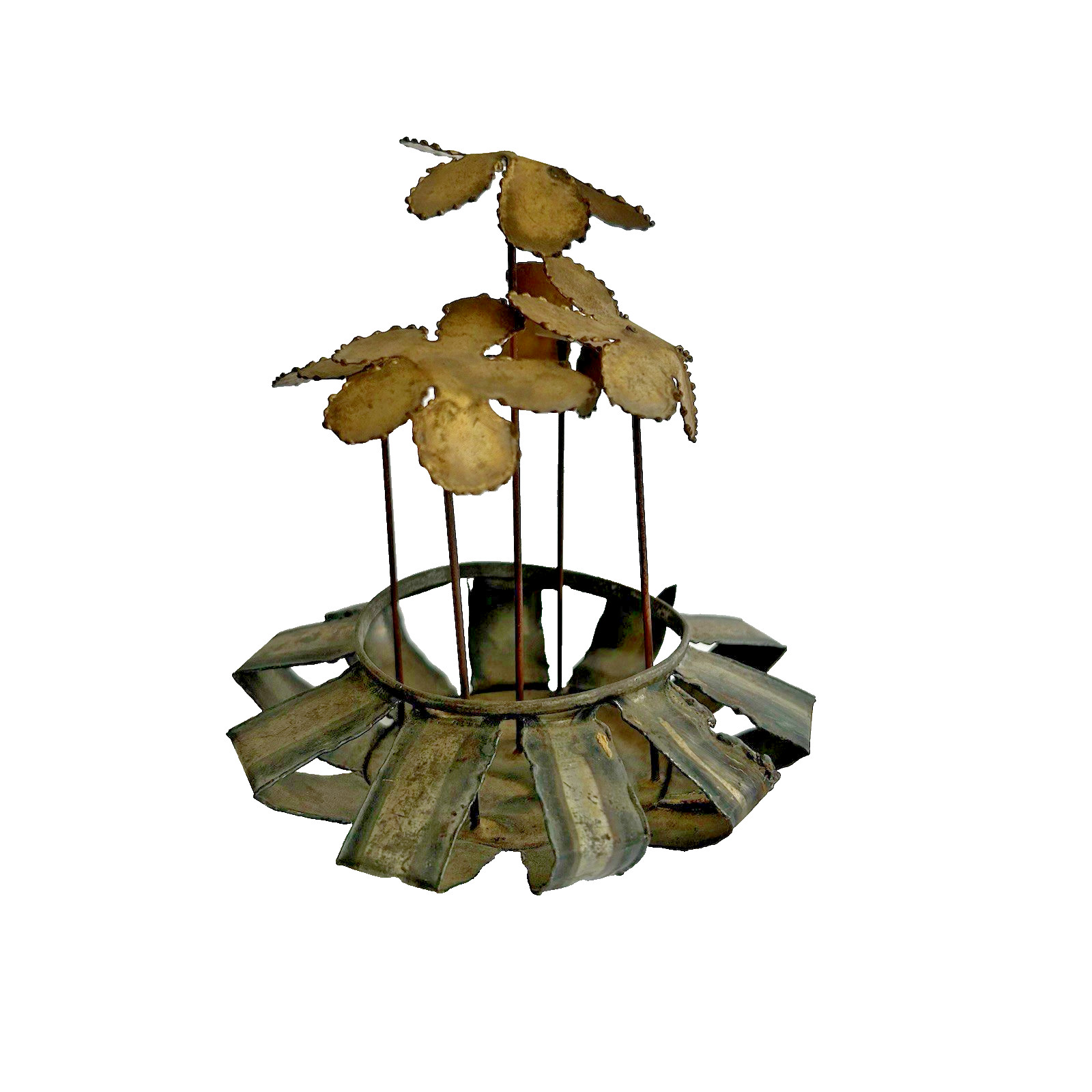 Vintage 1970s Abstract Metal Tin Tramp Art Sculpture Flower 5&Prime; Small Shelf Decor
