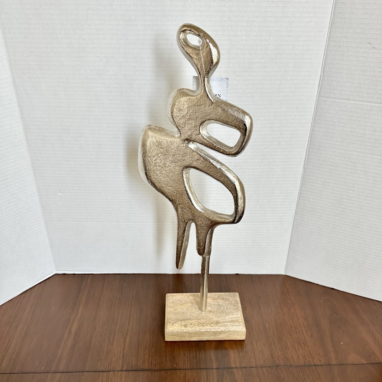 Modern Abstract Silver Tone Metal Sculpture Figurine 20” Tall Wood Base India
