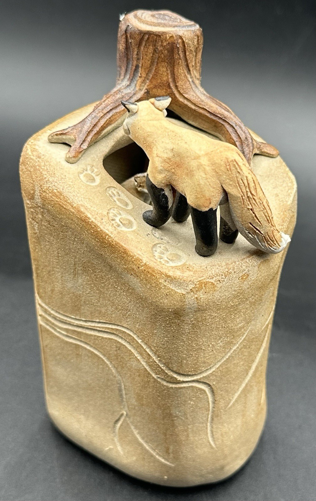 Dan and Lee Ross Studio Pottery Sculpture Fox Den Burrow Tree Stump MN Artists