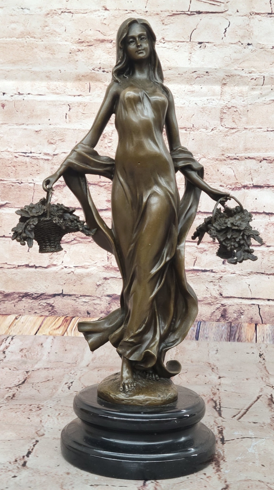 Young Woman Holding Baskets of Flowers amp; Grapes Bronze Sculpture Statue Decor