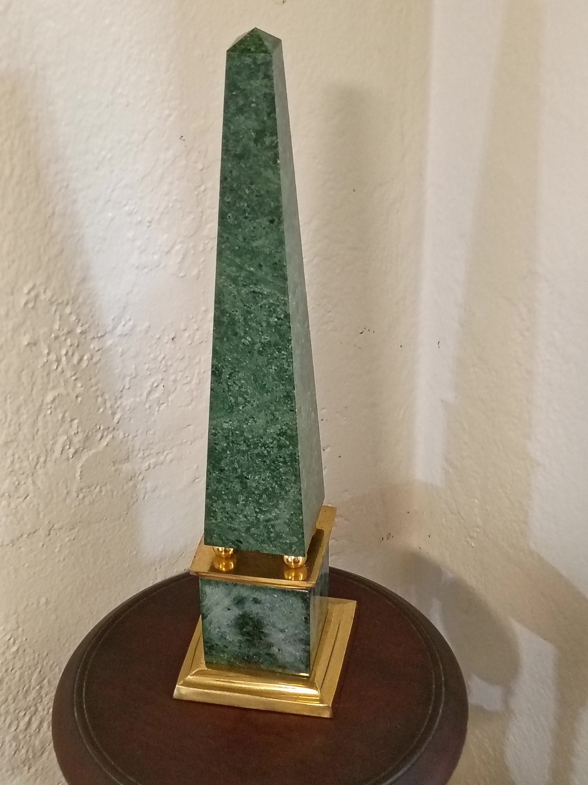 Vintage Green Marble Brass Obelisk Sculpture 15.5”