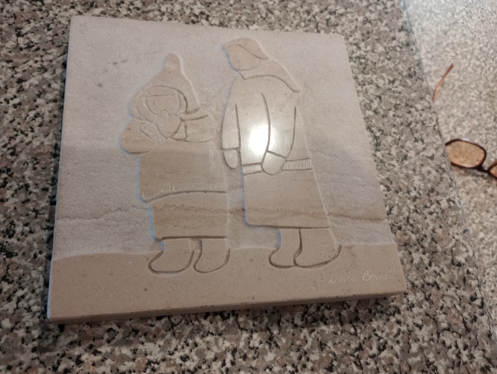 David Bernett Inuit Girls Eskimo Marble Art Sculpture Carving Signed Plaque Tile