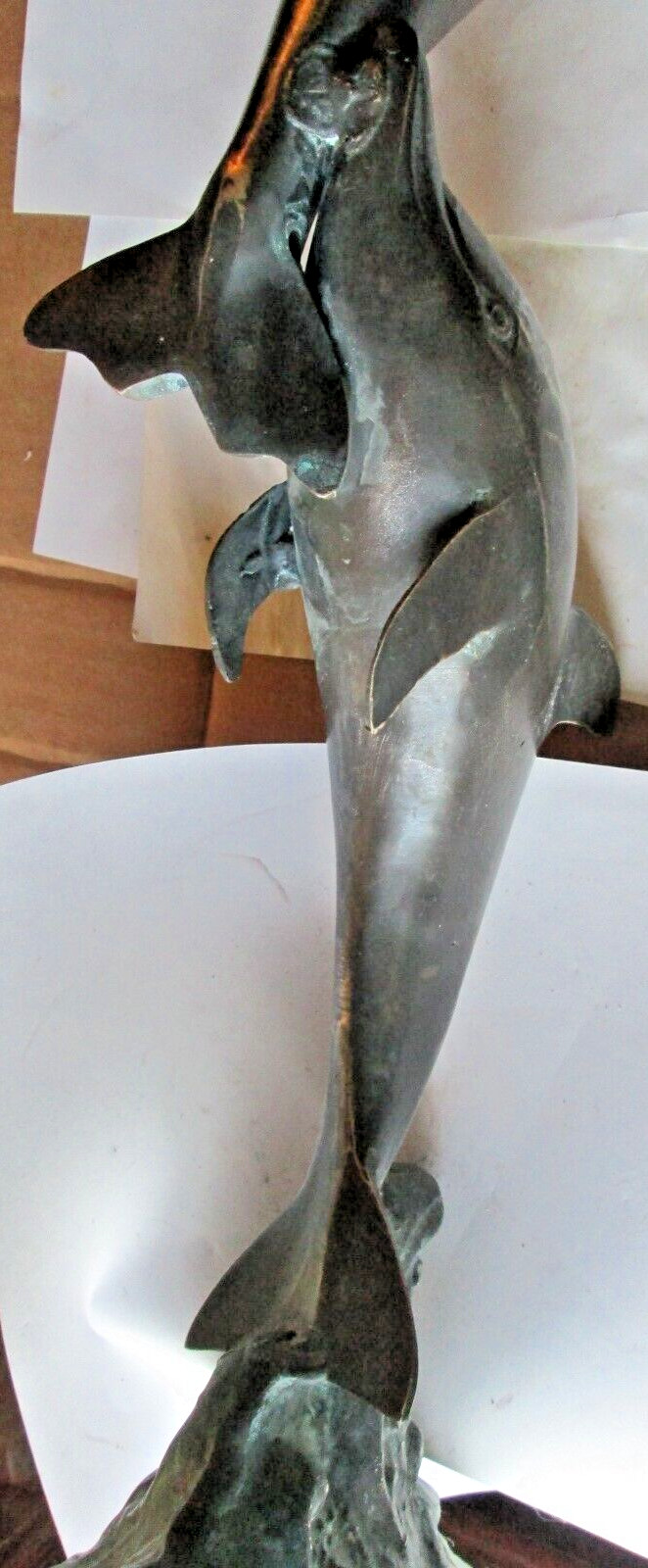 VINTAGE CAST BRONZE STATUE 2 DOLPHINS AT PLAY, 20&Prime;x8 5/8&Prime;x4 1/2&Prime; 5LBS. USED
