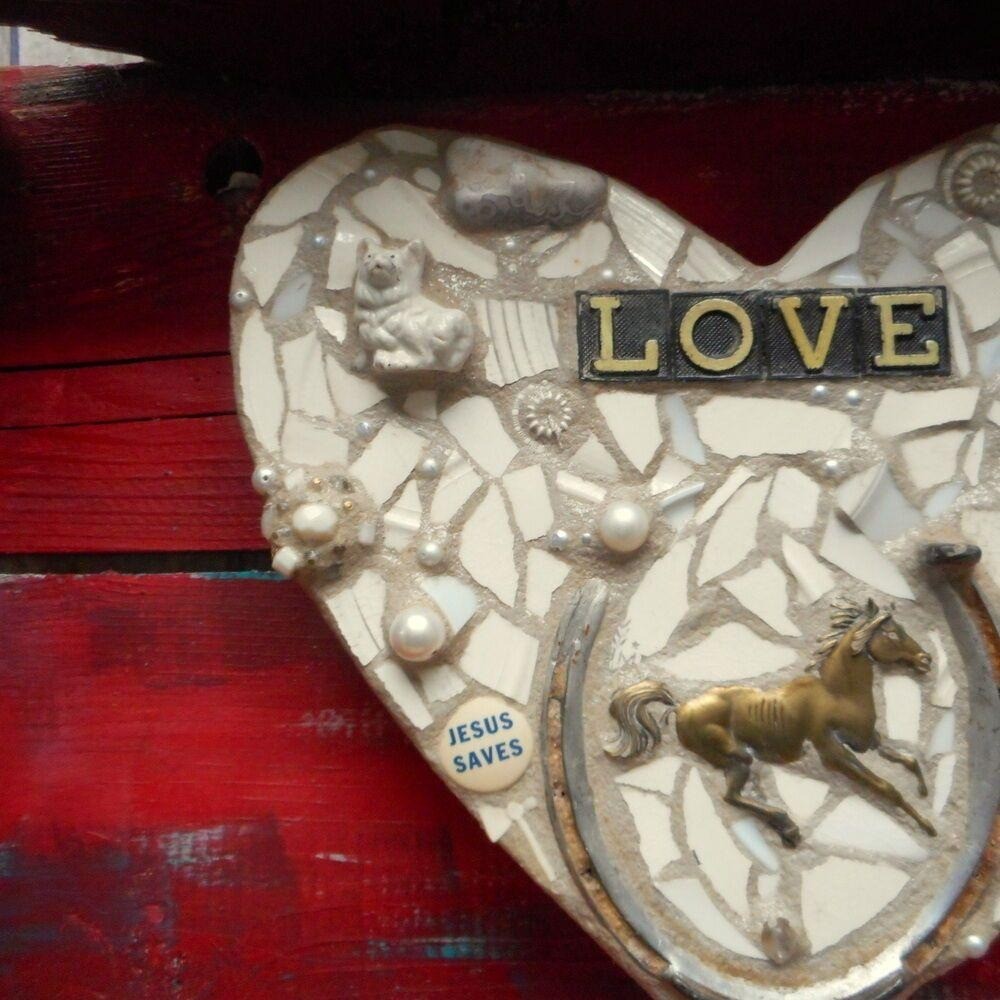 Country Heart Assemblage Wall Art Diorama Red Turquoise Blue Horse Whimsical