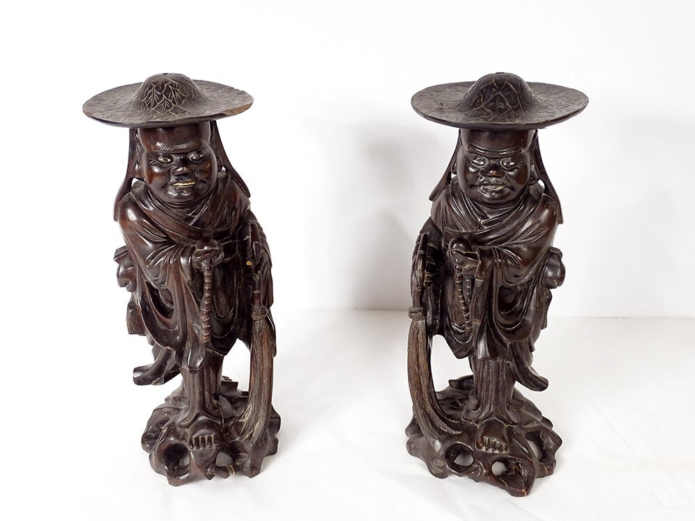 Pair Of Sculptures Characters Vietnam Exotic Wood Carved 19th Century