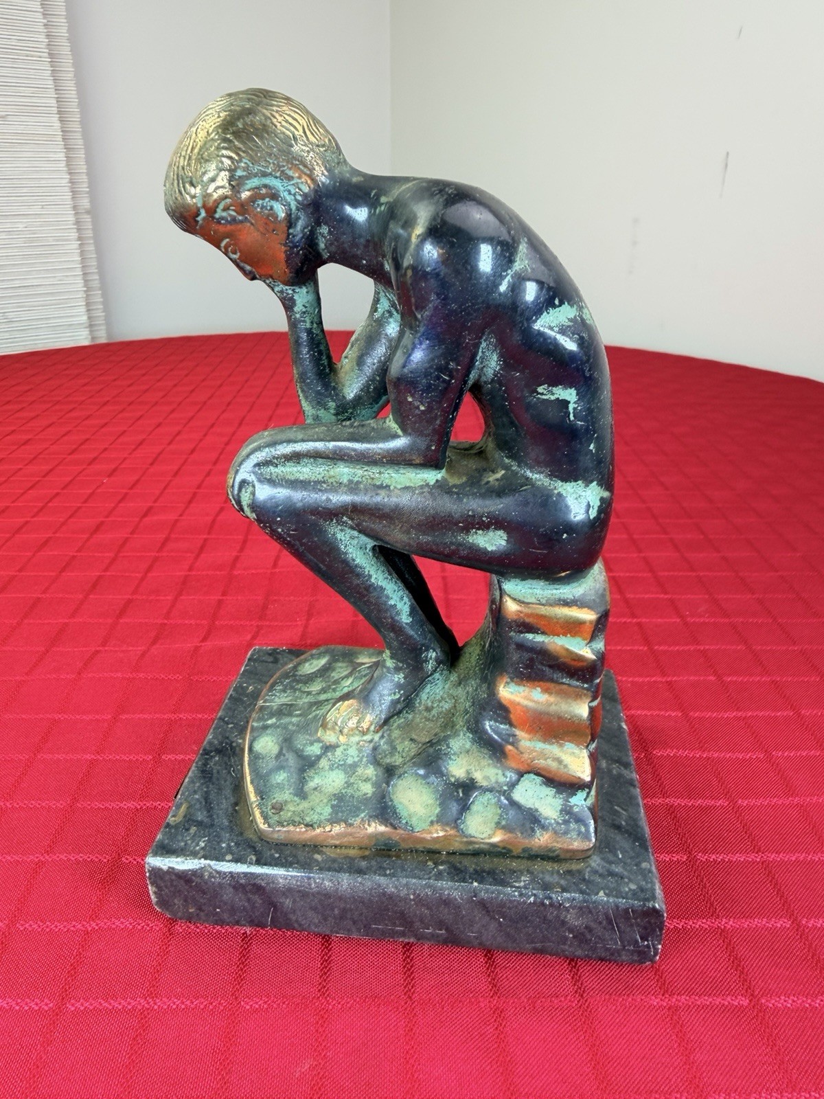 Vtg Greek Bronze « The Thinker » Statue Marble Base – 7&Prime; Rodin Repro 1960s MCM Art