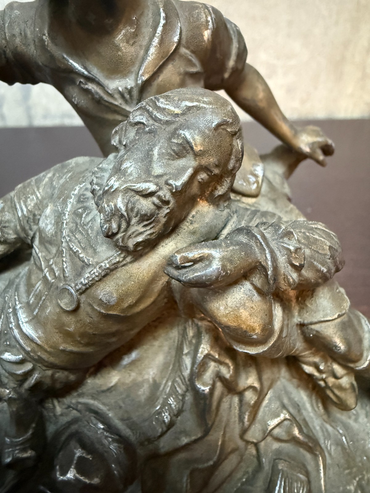 P.Müller Signed Figurative Group – Shepherd Aiding Elder Bronze on Marble c.1900