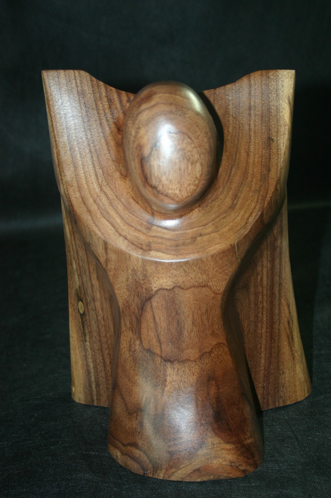 ABSTRACT CARVED WOOD-BLACK WALNUT-SCULPTURE PIECE SIGND MK AND DATED 11&Prime;H.7&Prime;W.