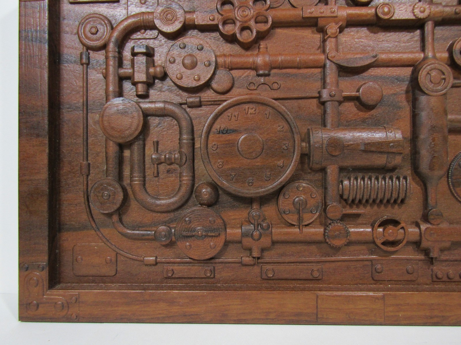 Industrial Steampunk Carved Wood Pipes & Gears Relief Wall Art Panel 20×12