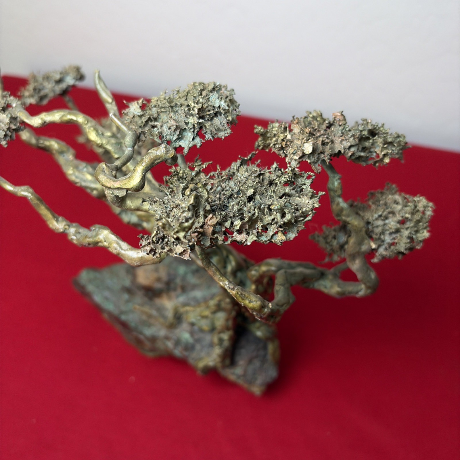 Brutalist Bonsai Cypress Tree Sculpture+Green Stones(Some Missing) Vintage Bell?