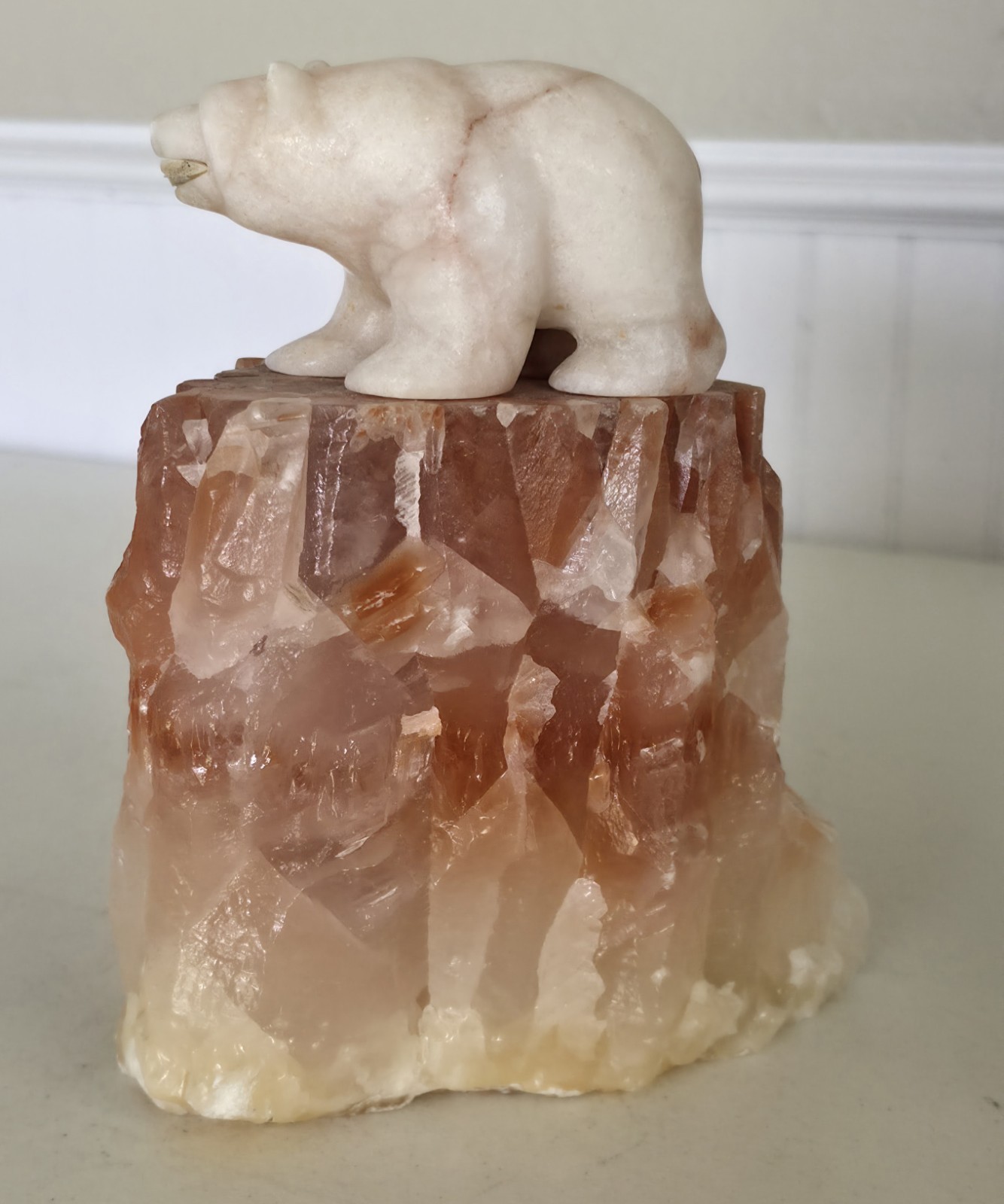 Eddie Lee SIGNED Carved 8&Prime; Alabaster Bear w/ Fish on Red Calcite Base – OOAK