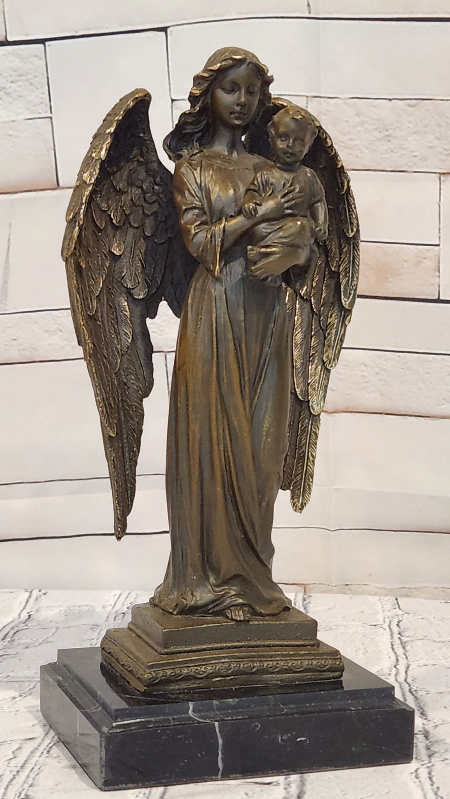Signed A. Moreau Bronze Protective Angel with Child Sculpture Fine Art Piece