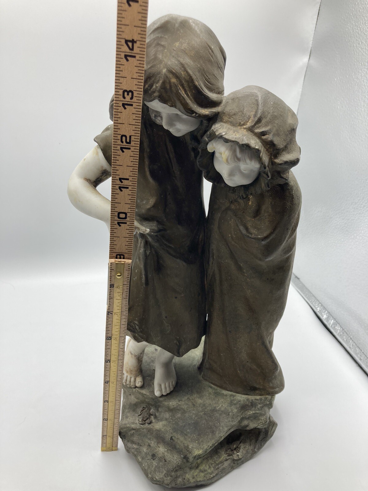 Antique Mednat Signed 19th Century Bronze Porcelain Bisque Sculpture Two Girls