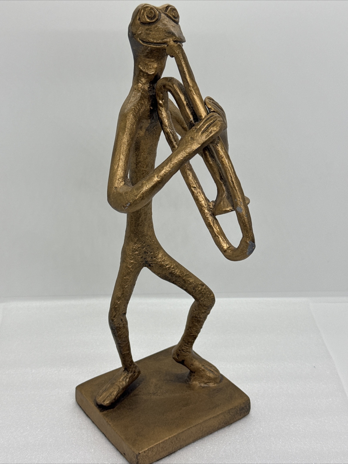Vintage Brass Frog Playing The Trombone Art Sculpture Statue 12” Made In India