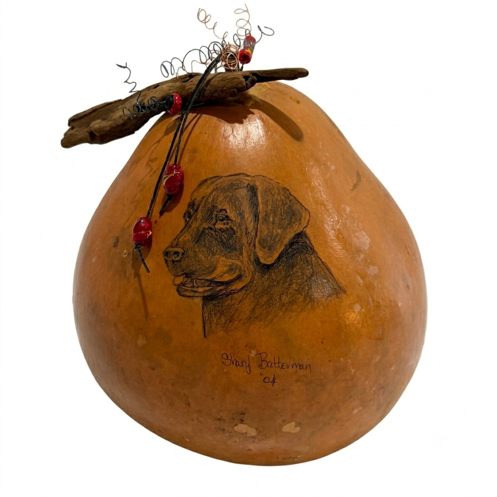 Vintage Sharl Batterman Signed Gourd Art Hand Drawn Dog Nebraska Folk Art 2004