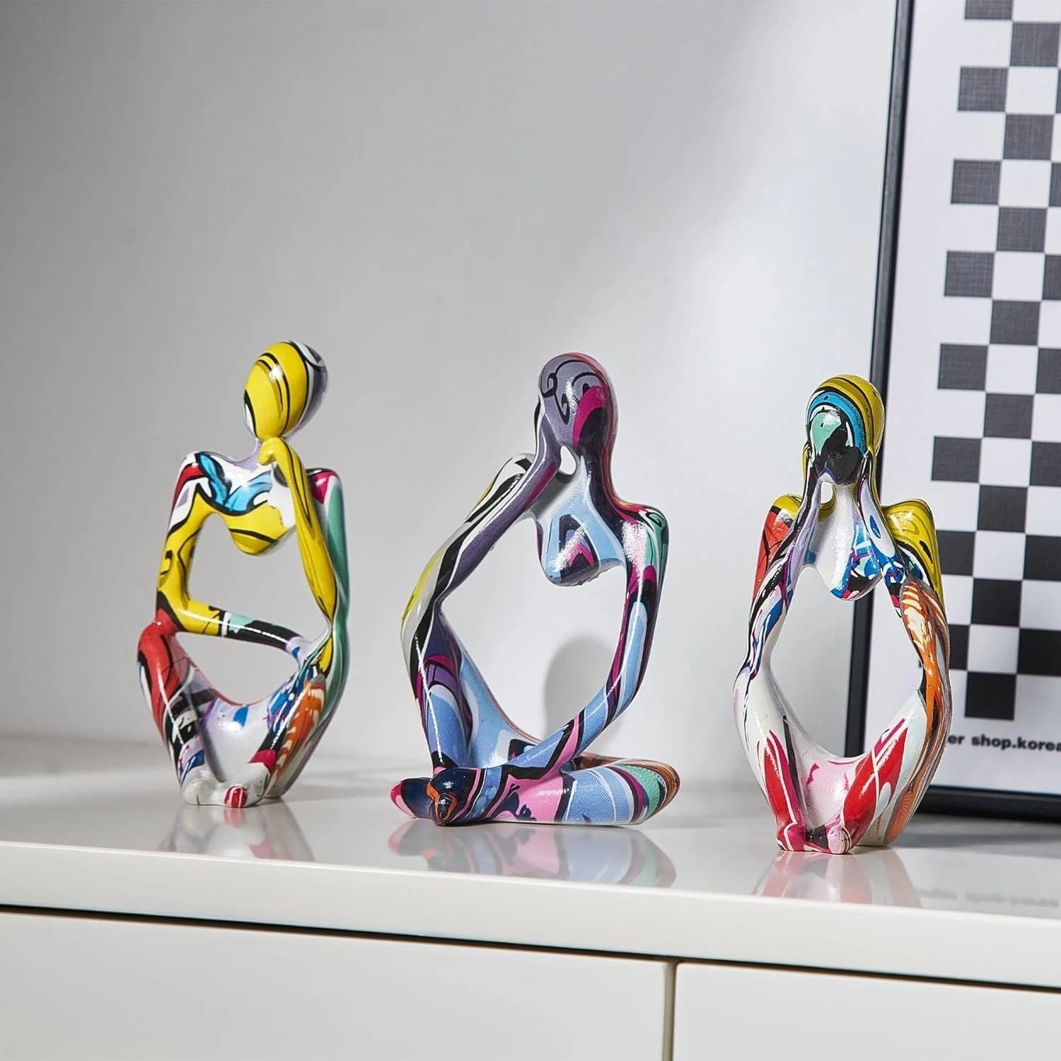Set of 3 Colorful Resin Abstract Thinker Statues for Living Room