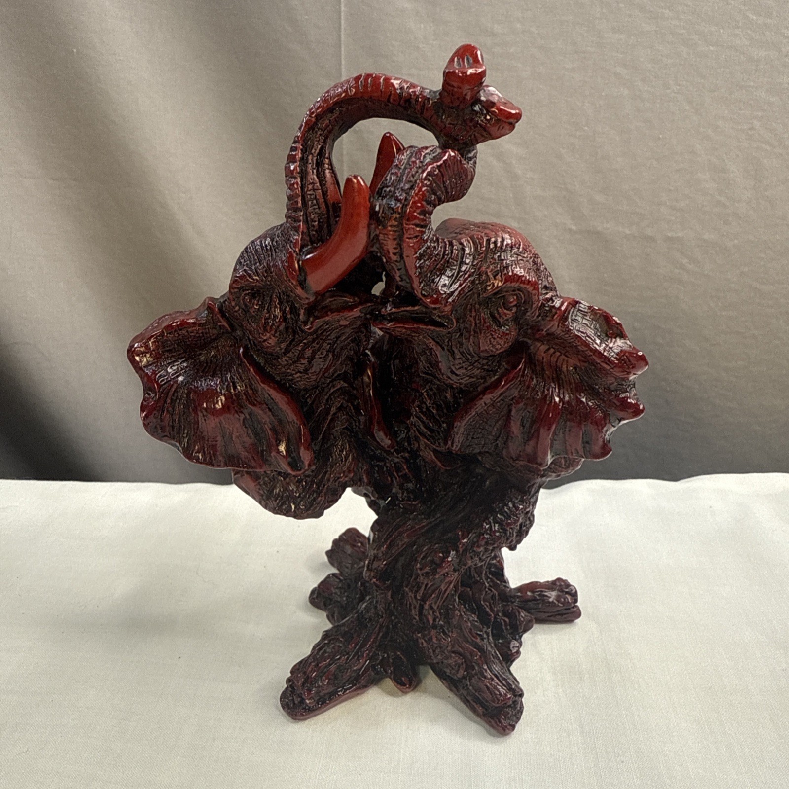 Elephant Figurine Resin Mahogany Finish Two Elephants Trunks Up Feng Shui