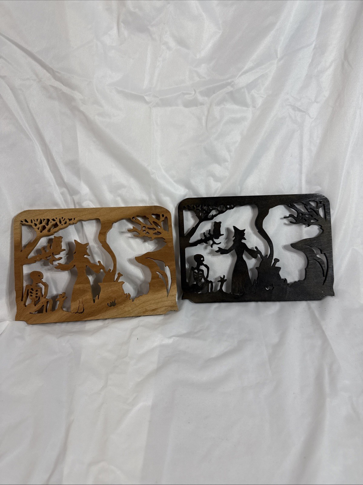Pair of Halloween Wood Carvings with a Witch Wall Art 8.5×6&Prime;