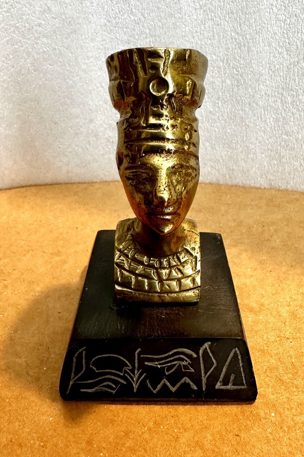 Vintage Egyptian Queen Nefertiti Bust Sculpture Brass Statue Marble Base 3.25”