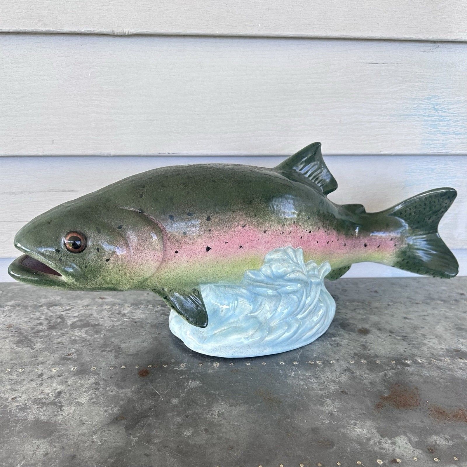 VTG Rainbow Trout Ceramic Sculpture 19” Signed & Dated Last Name Bennet 1981