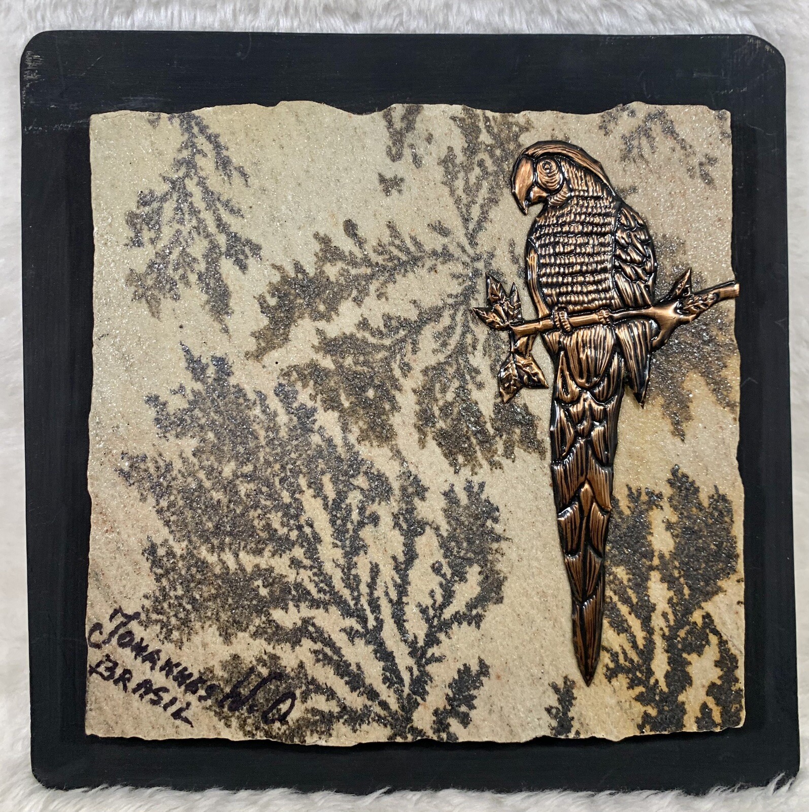 JOHANNES WILHELMUS VAN DARTELEN Copper Parrot Brazil on fossilized stone art Vtg