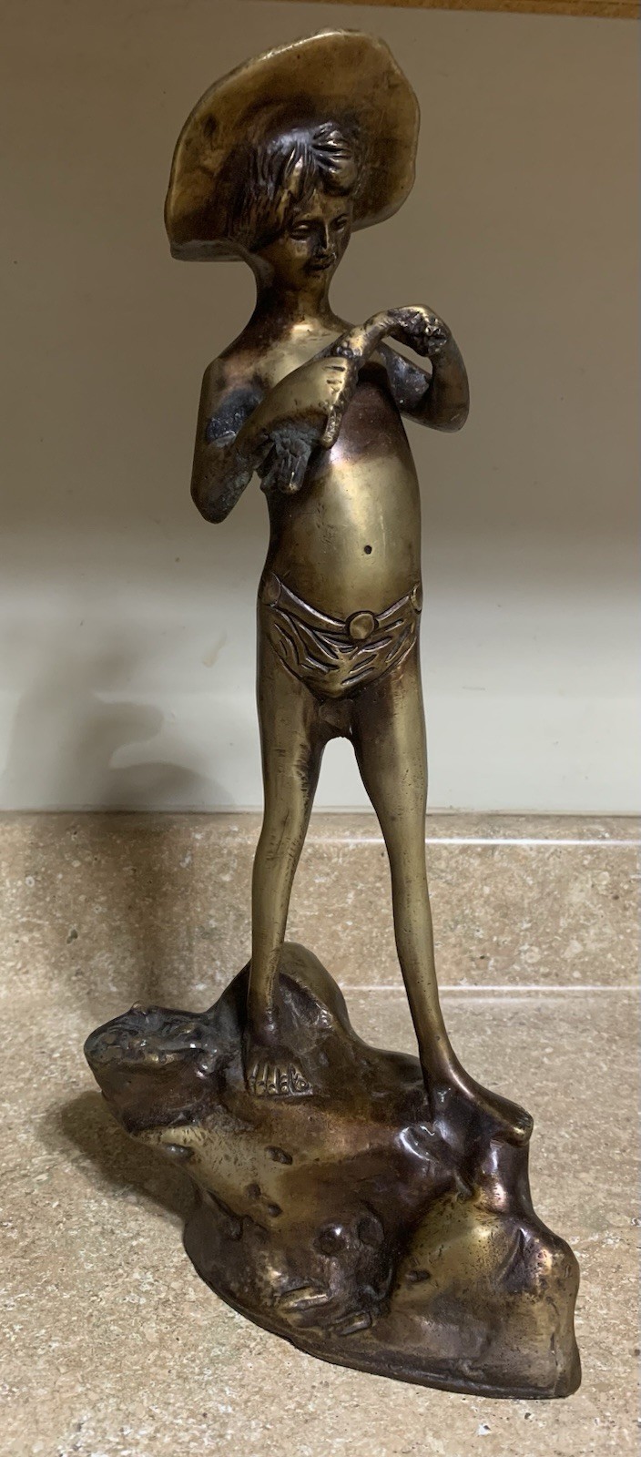 GIOVANNI VARLESE STYLE BRASS SCULPTURE, BAREFOOTED BOY WITH A FISH, FRANCE