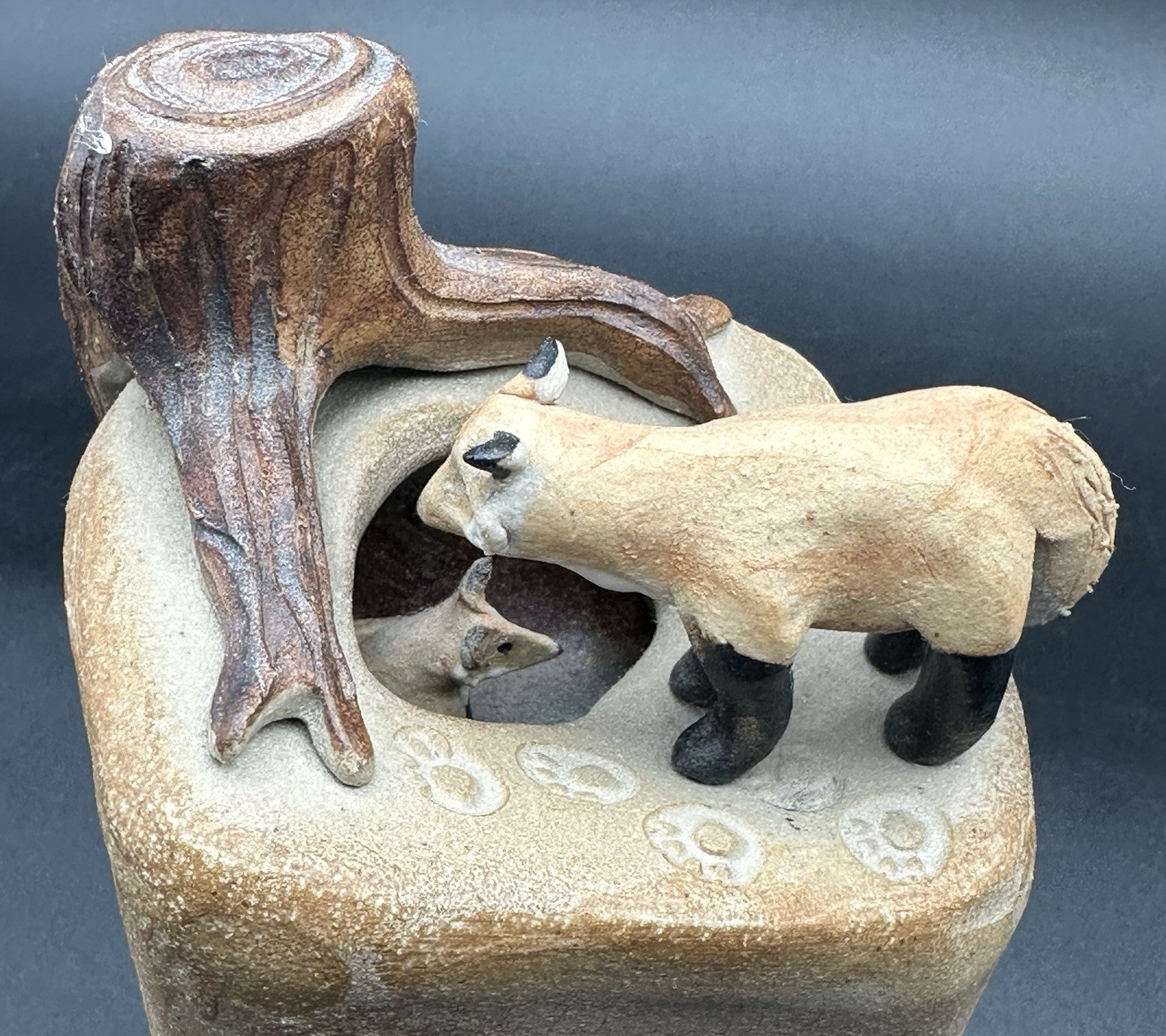 Dan and Lee Ross Studio Pottery Sculpture Fox Den Burrow Tree Stump MN Artists
